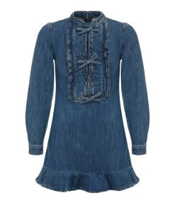 SELF PORTRAIT Robe Mini Volants Denim Bleu