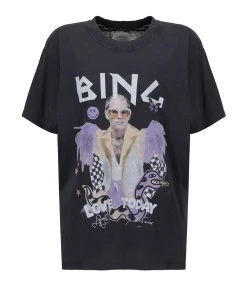 Tee-shirt Lili Elton John Coton Noir Délavé, Collaboration Anine Bing X Terry O'Neill X IScreamColour
