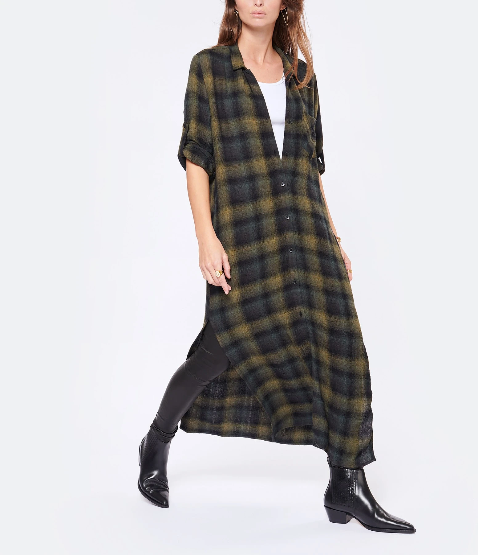 Bella Dahl Robe Rolled Sleeve Duster Jasper Green Plaid 5 Bella Dahl Robe Rolled Sleeve Duster Jasper Green Plaid – Image 3