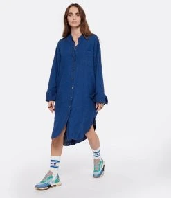 CLOSED Robe Chemise Lin Coton Bleu Foncé -ANINE BING Boutique close look20221222 367