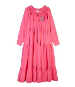 MIRA MIKATI Robe Manches Longues Broderie Coton Rose