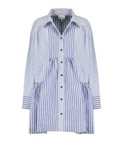 Ganni Robe Chemise Rayures Coton Organique Gris Bleu