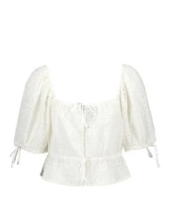 Ganni Top Court Broderie Anglaise Coton Organique Blanc
