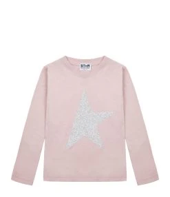 Golden Goose Tee-shirt Enfant Star Manches Longues Coton Rose Argenté