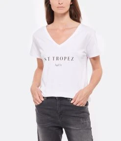Tee-shirt Lulli St-Tropez Col V Coton Bio Blanc, Collaboration Jeanne Vouland X Lulli -ANINE BING Boutique lulli look20220706 0
