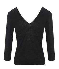 MAJESTIC FILATURES Tee-shirt Manches 3/4 Col V Lin Noir