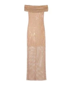 SELF PORTRAIT Robe Maxi Hotfix Résille Fauve